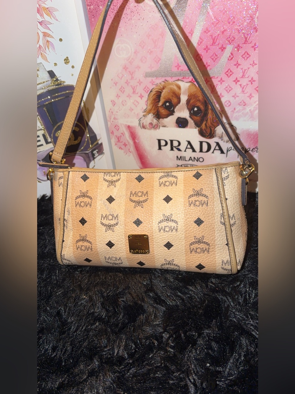 MCM Beige Monogram Leather Pochette Bag